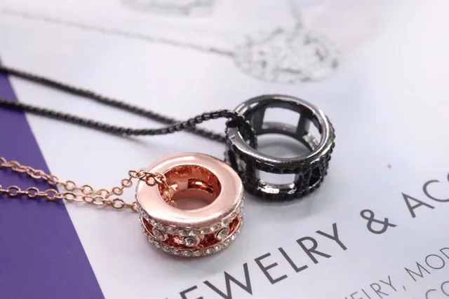 Rose Gold and Black Pavé Crystal Stacked Bezel Pendant Necklaces 5