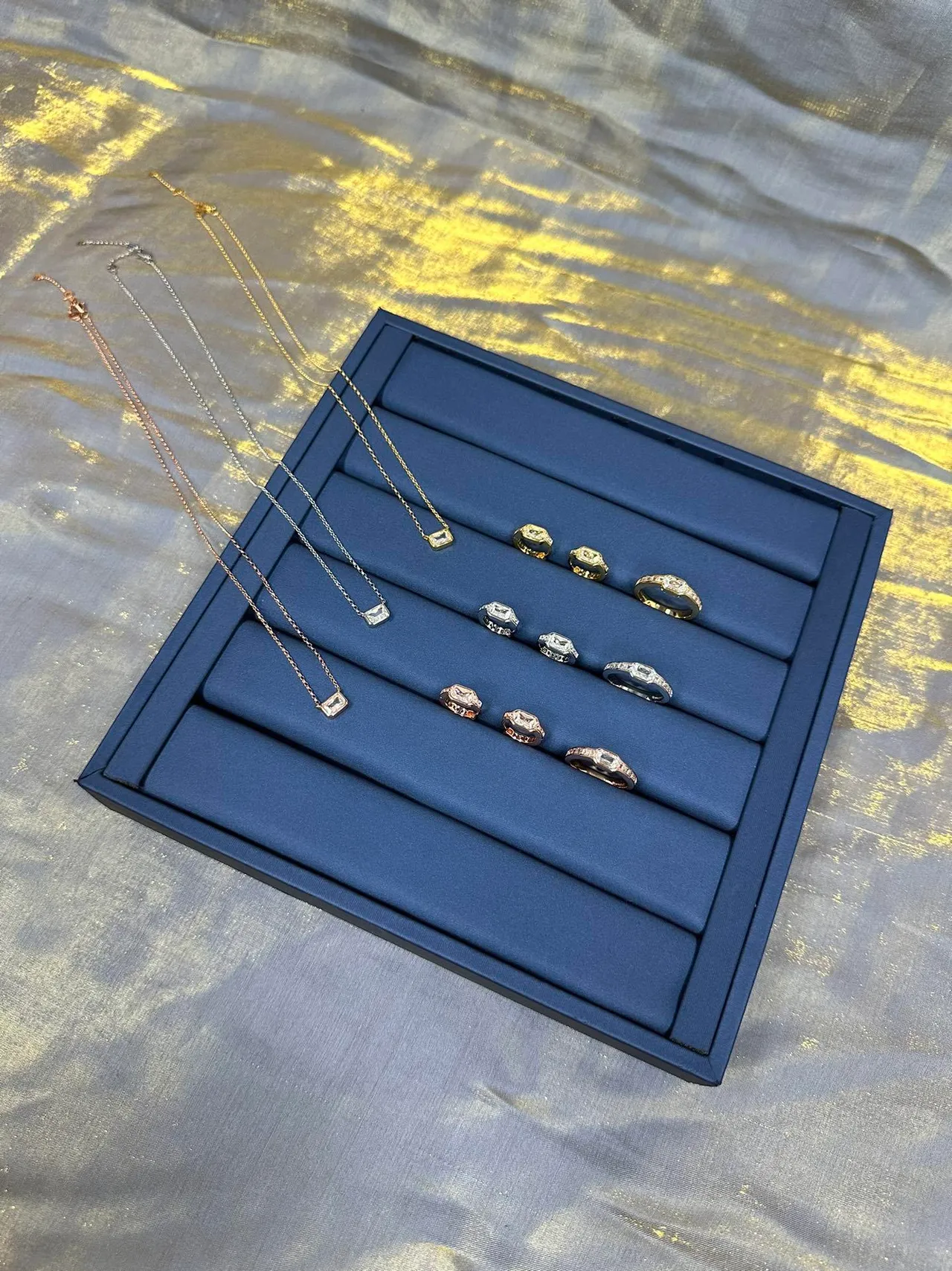 Rose-Gold-Tone Rectangular Faceted Stone Dangling Earrings 5