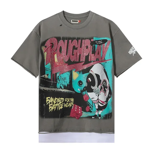 ROUGH Graphic Print Oversized Distressed Hem T-Shirt 4