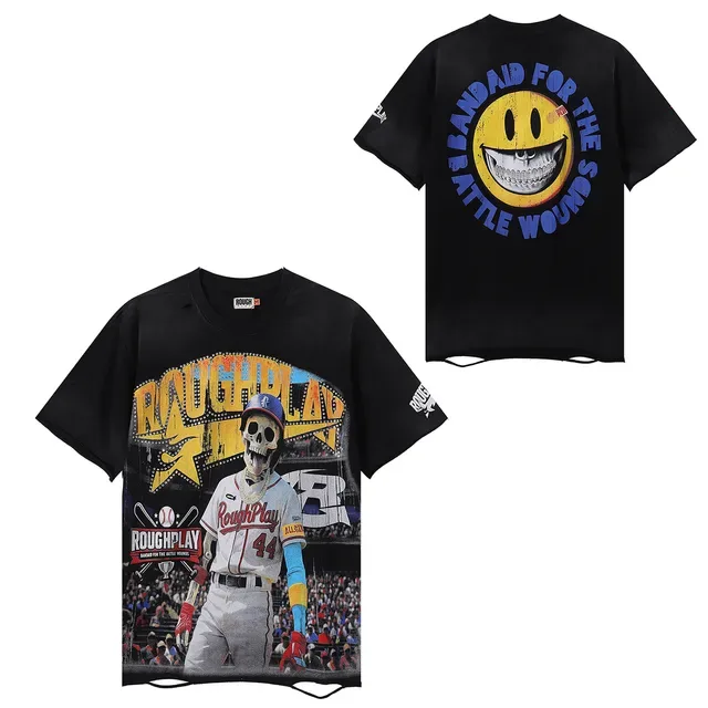 Rough Play Skeleton Baseball Graphic Distressed Black T-Shirt 5