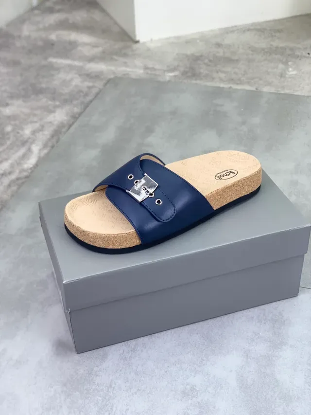 Scholl Navy Leather Strap Buckle Slipper 4