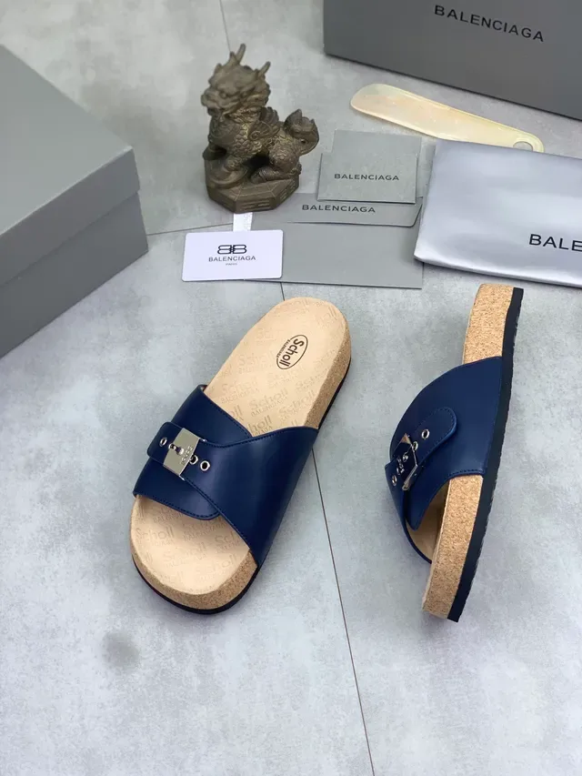 Scholl Navy Leather Strap Buckle Slipper 5