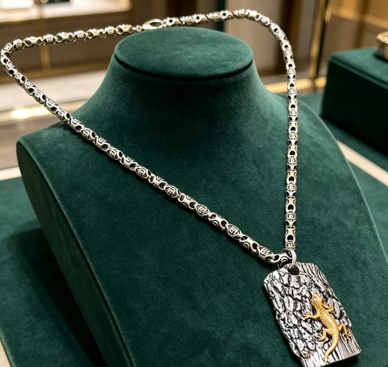 Silver and Gold Lizard on Textured Bark Pendant Necklace 2