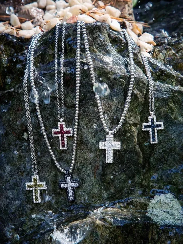 Silver Black Beaded Chain Crystal-Encrusted Cross Pendant Necklace 2