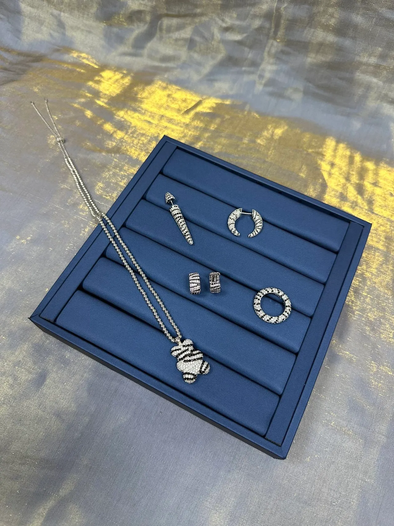 Silver Black Crescent Hoop Pavé-Set Stones Earrings 5