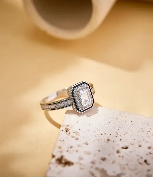 Silver Black Emerald-Cut Center Stone Halo Pavé Setting Ring 3