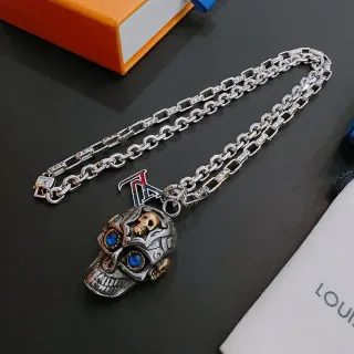 Collier Chaîne Curb Bleu Argent Double Couche Pendentif Crâne