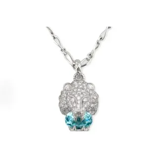 Silver Blue Lion-Head Motif Pavé-Set Clear Stones Necklace
