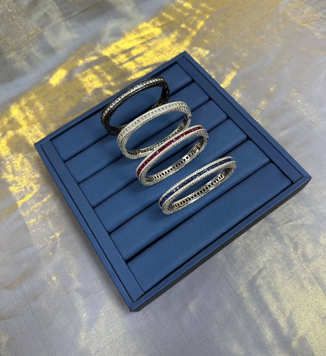 Silver Blue Multi-Row Pavé Channel-Set Rectangular Stones Bracelet 8