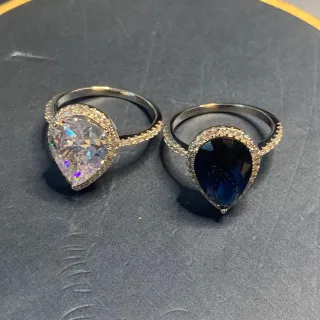 Silver Blue Pear-Shaped Center Stone Halo Pavé Setting Ring