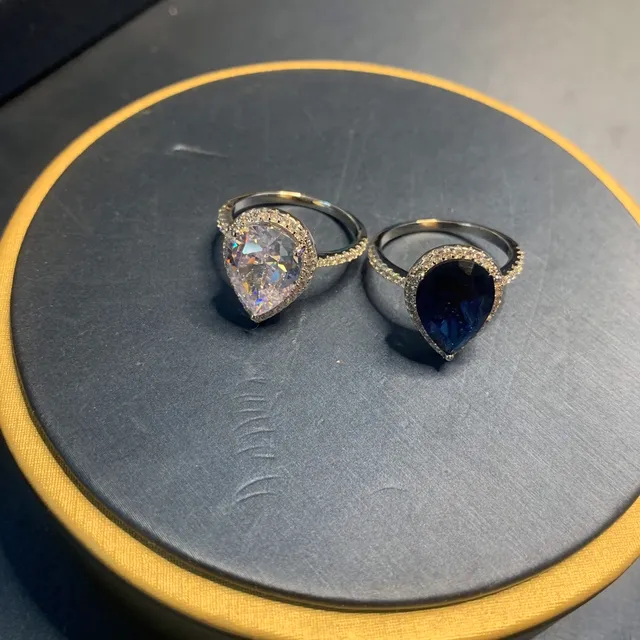 Silver Blue Pear-Shaped Center Stone Halo Pavé Setting Ring 3