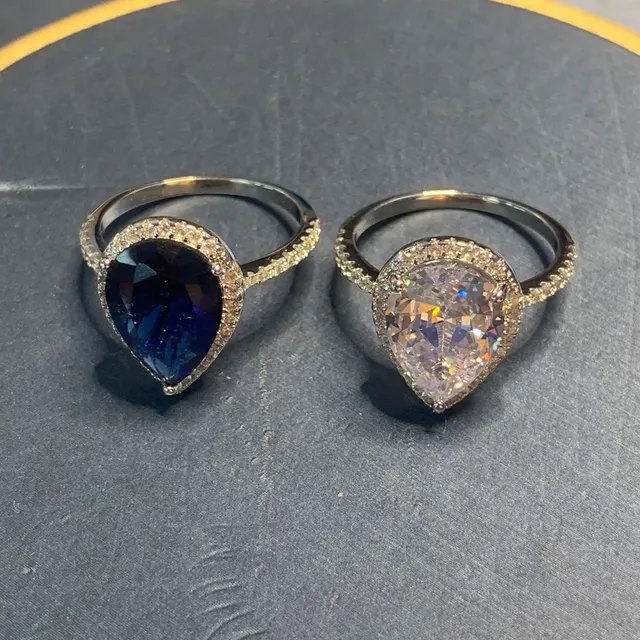 Silver Blue Pear-Shaped Center Stone Halo Pavé Setting Ring 7