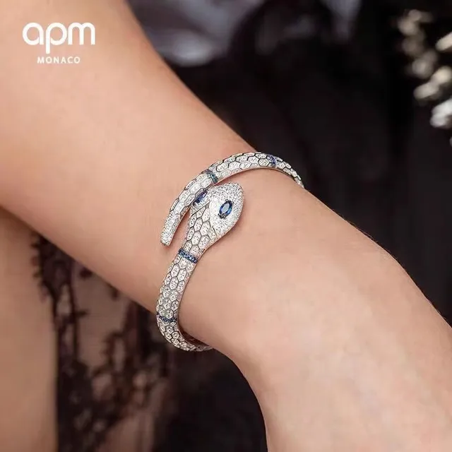 Silver Blue Snake Motif Pavé-Set Stones Bracelet 3