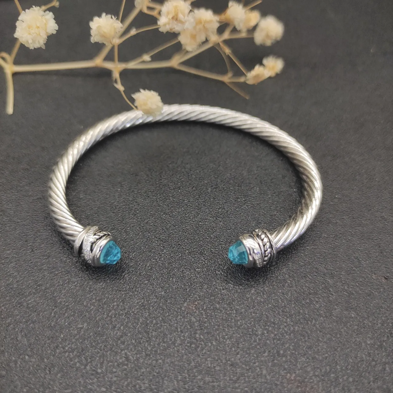 Silver Blue Twisted Cable Faceted Gemstone Terminals Bracelet 3