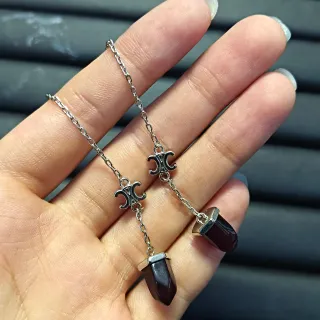 Silver Brown Chain Faceted Dark Stone Pendant Necklace