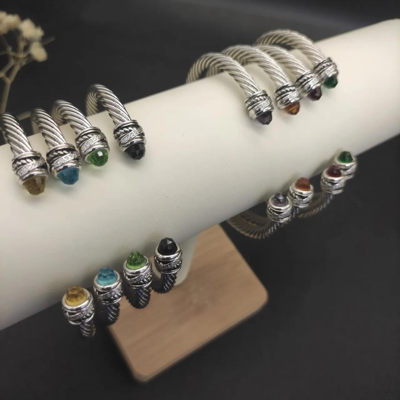 Silver Brown Twisted Cable Faceted Gemstone Terminals Bracelet 2