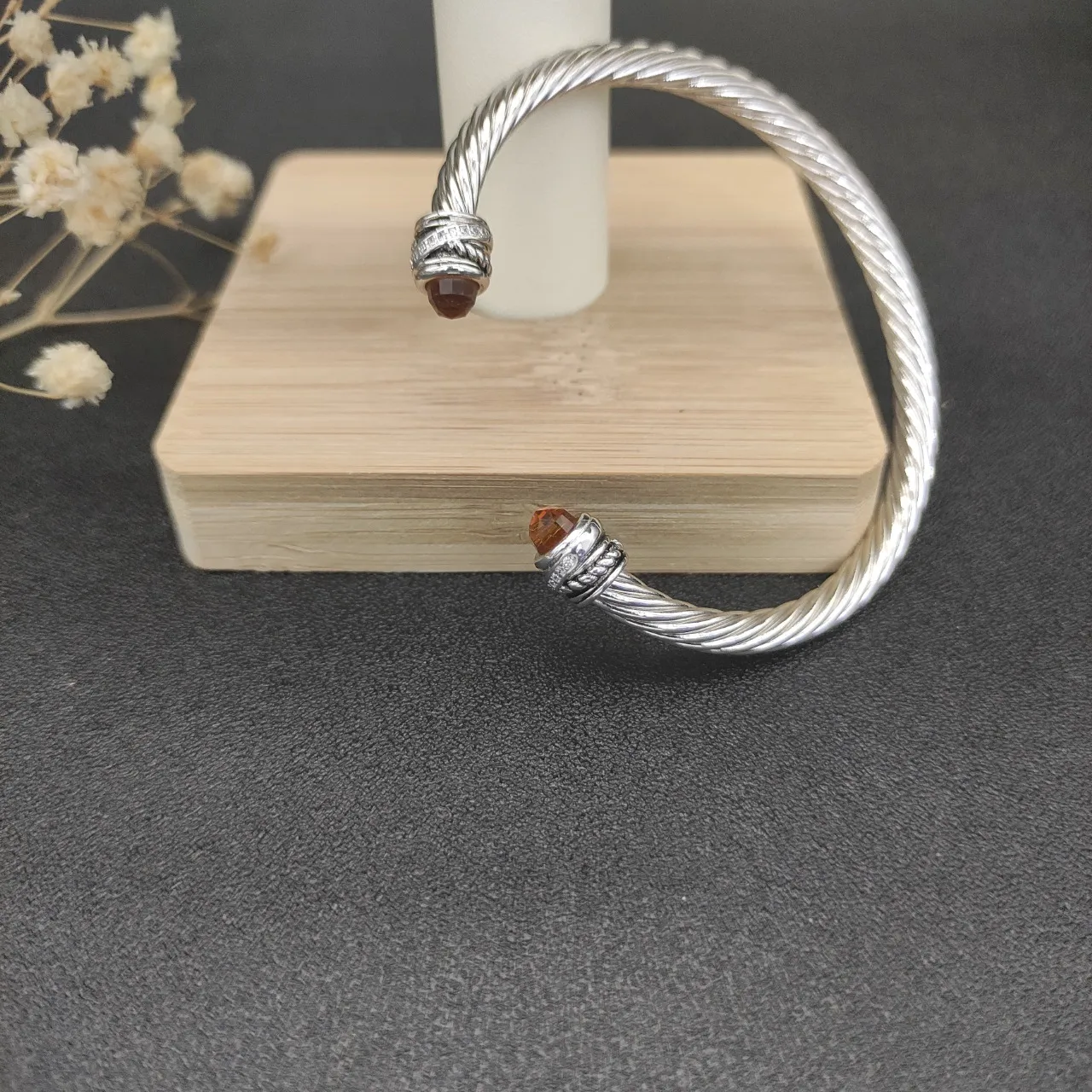 Silver Brown Twisted Cable Faceted Gemstone Terminals Bracelet 4
