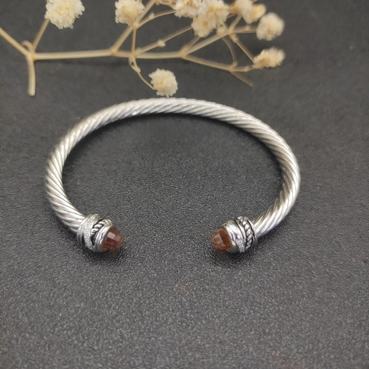 Silver Brown Twisted Cable Faceted Gemstone Terminals Bracelet 5
