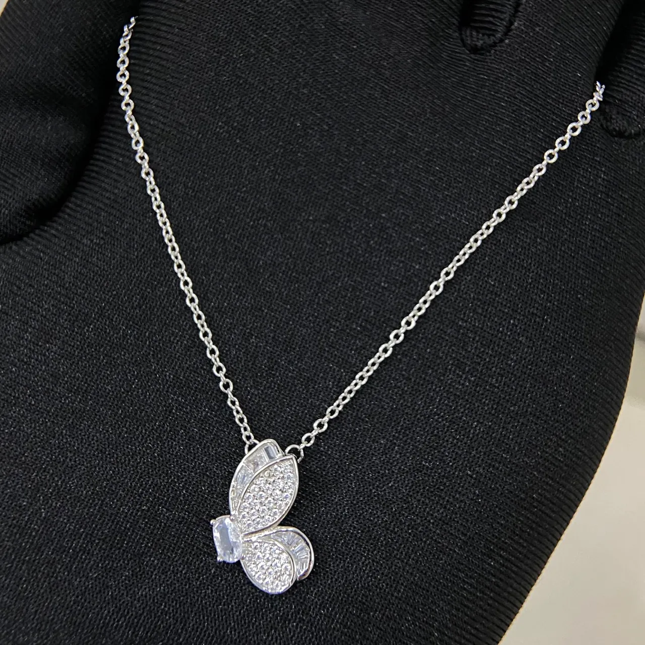 Silver Gold Butterfly Silhouette Pavé-Set Crystals Necklace 4