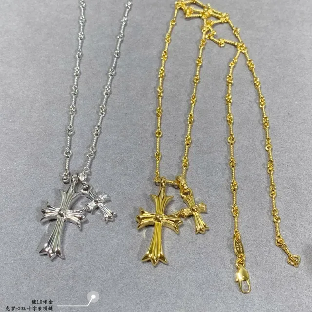 Silver Gold Double Cross Pendant Pavé-Set Crystals Necklace 5