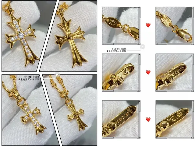 Silver Gold Double Cross Pendant Pavé-Set Crystals Necklace 8