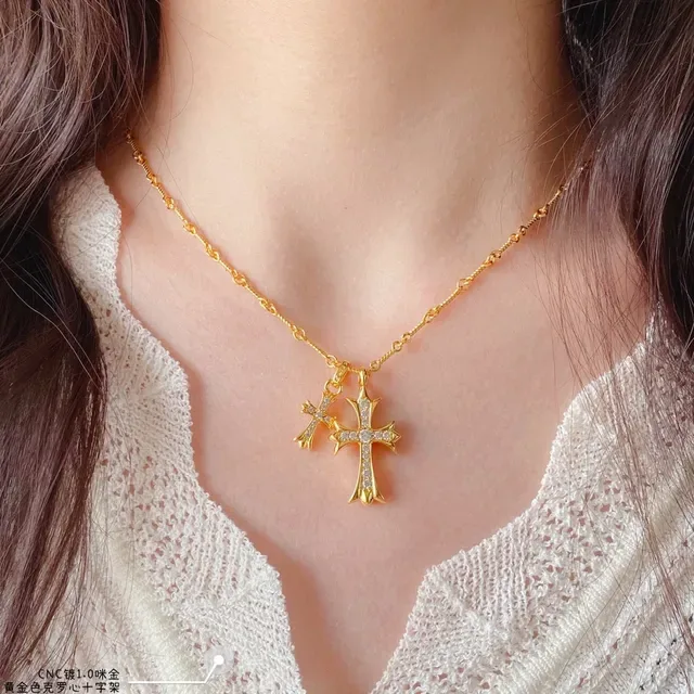 Silver Gold Double Cross Pendant Pavé-Set Crystals Necklace 11