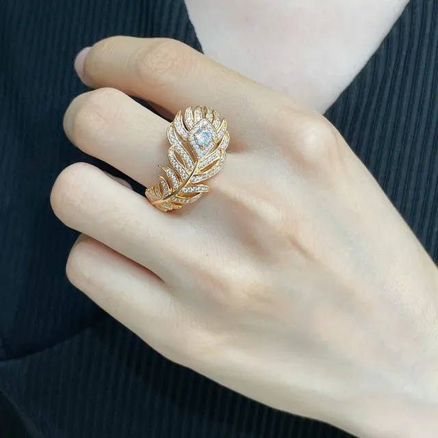 Silver Gold Feather-Shaped Pavé-Crystal Ring 9