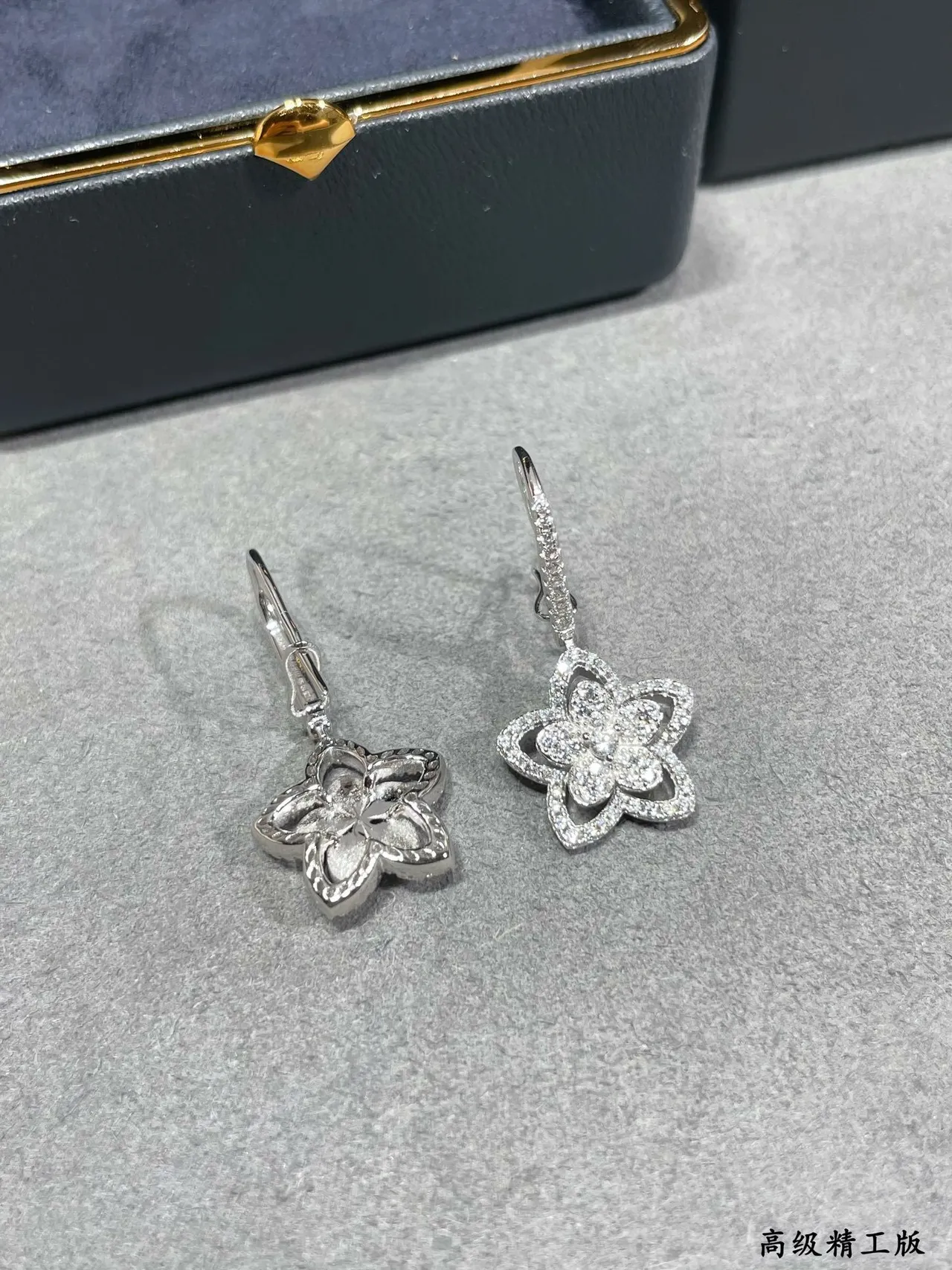 Silver Gold Floral Motif Pavé-Set Stones Earrings 3