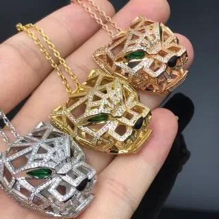 Silver Gold Geometric Openwork Panther Head Motif Necklace