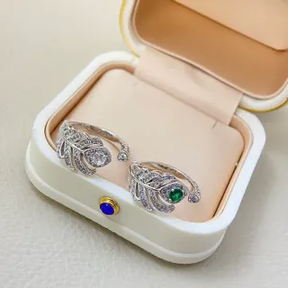 Anel Prata Verde Motivo Pena Banda Aberta Pavé-Set Pedras Transparentes