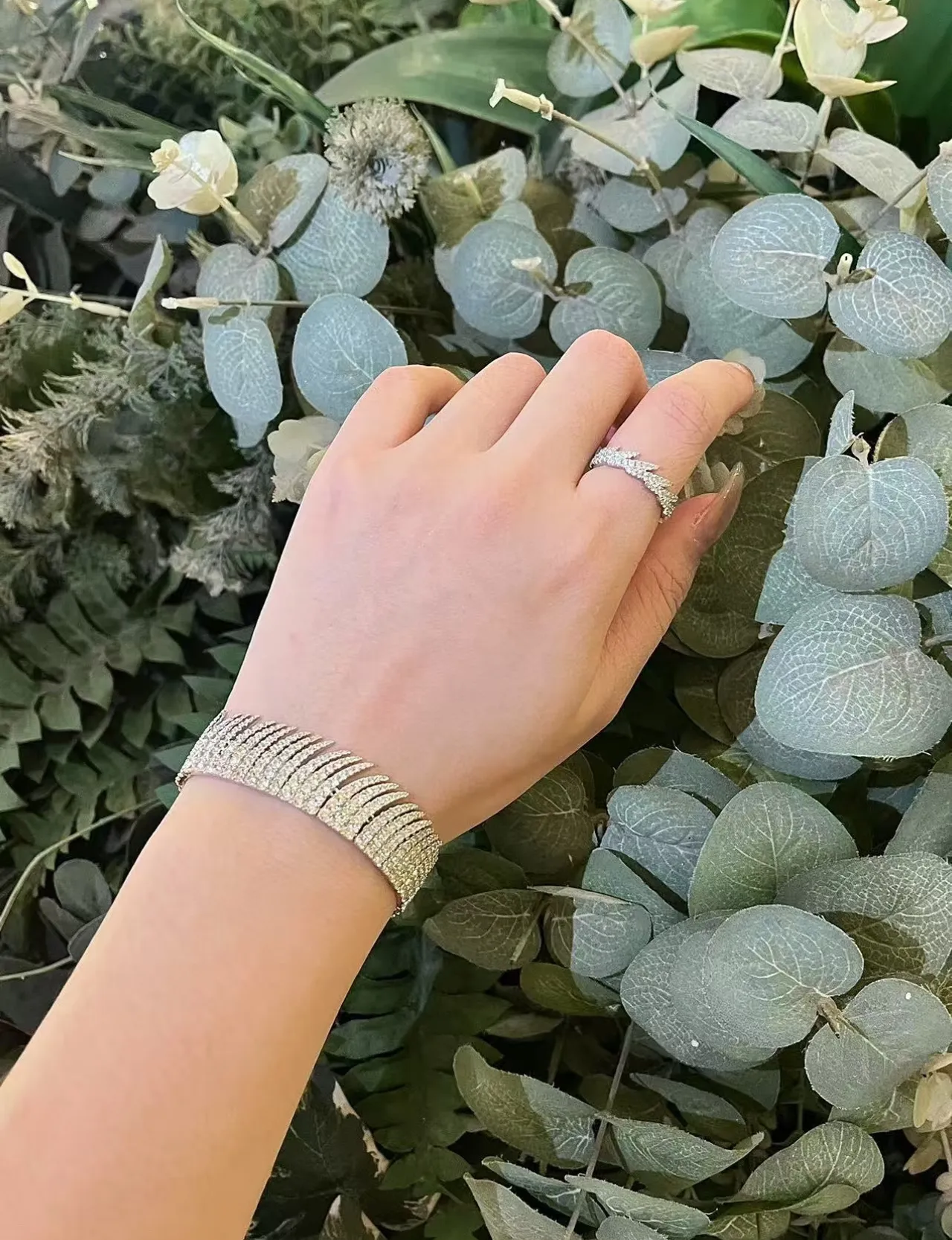 Silver Navy Multi-Row Pavé Rigid Cuff-Style Bracelet 4