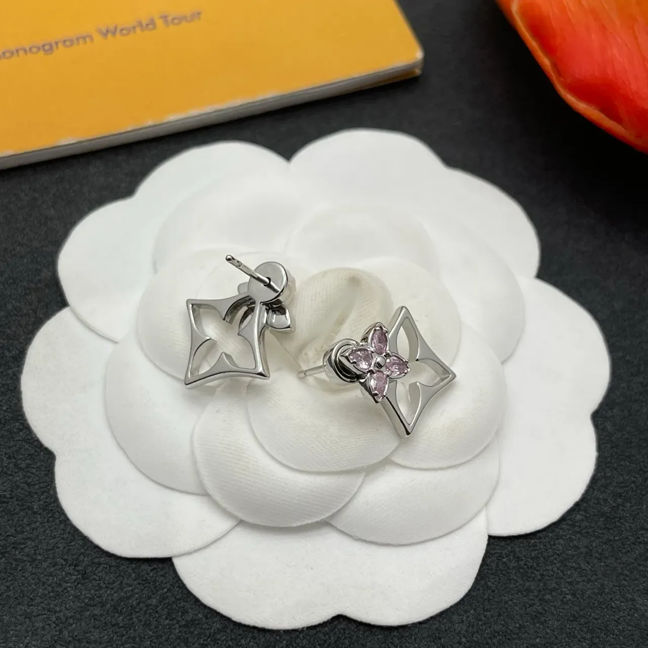 Silver Pink Floral Stud Gemstone Earrings 4
