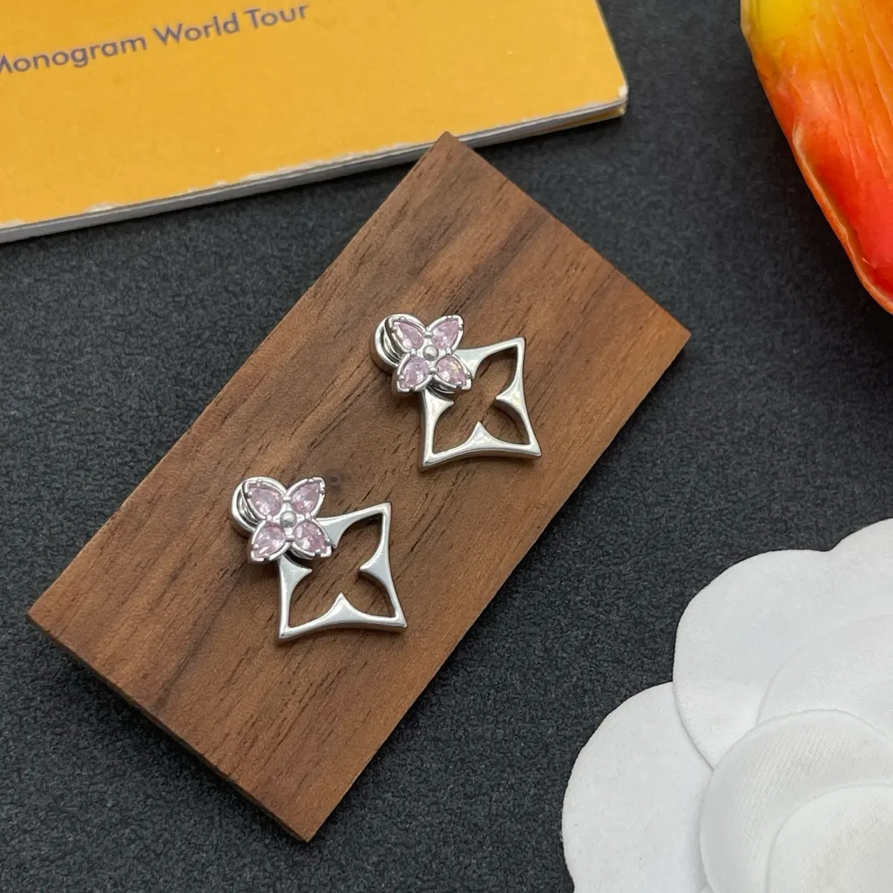 Silver Pink Floral Stud Gemstone Earrings 6