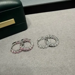 Silver Pink Pavé-Set Hoop Earrings