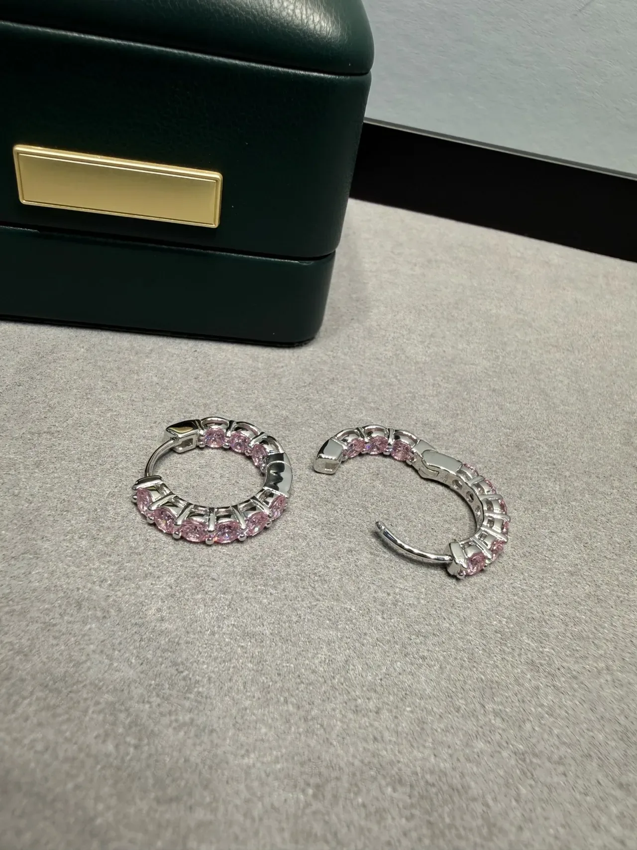 Silver Pink Pavé-Set Hoop Earrings 3