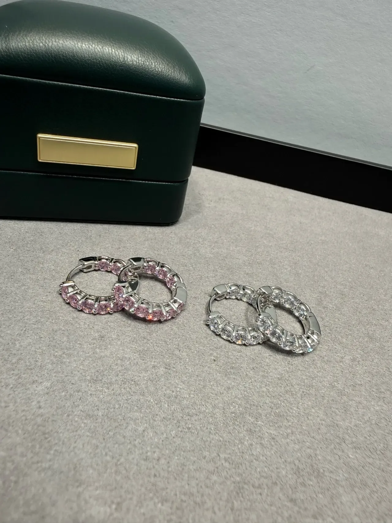 Silver Pink Pavé-Set Hoop Earrings 5
