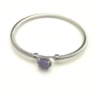 Silver Purple Twisted Cable Wire Faceted Round Stone Bracelet