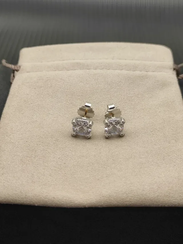Silver Transparent Square-Cut Central Stone Prong-Set Earrings 8