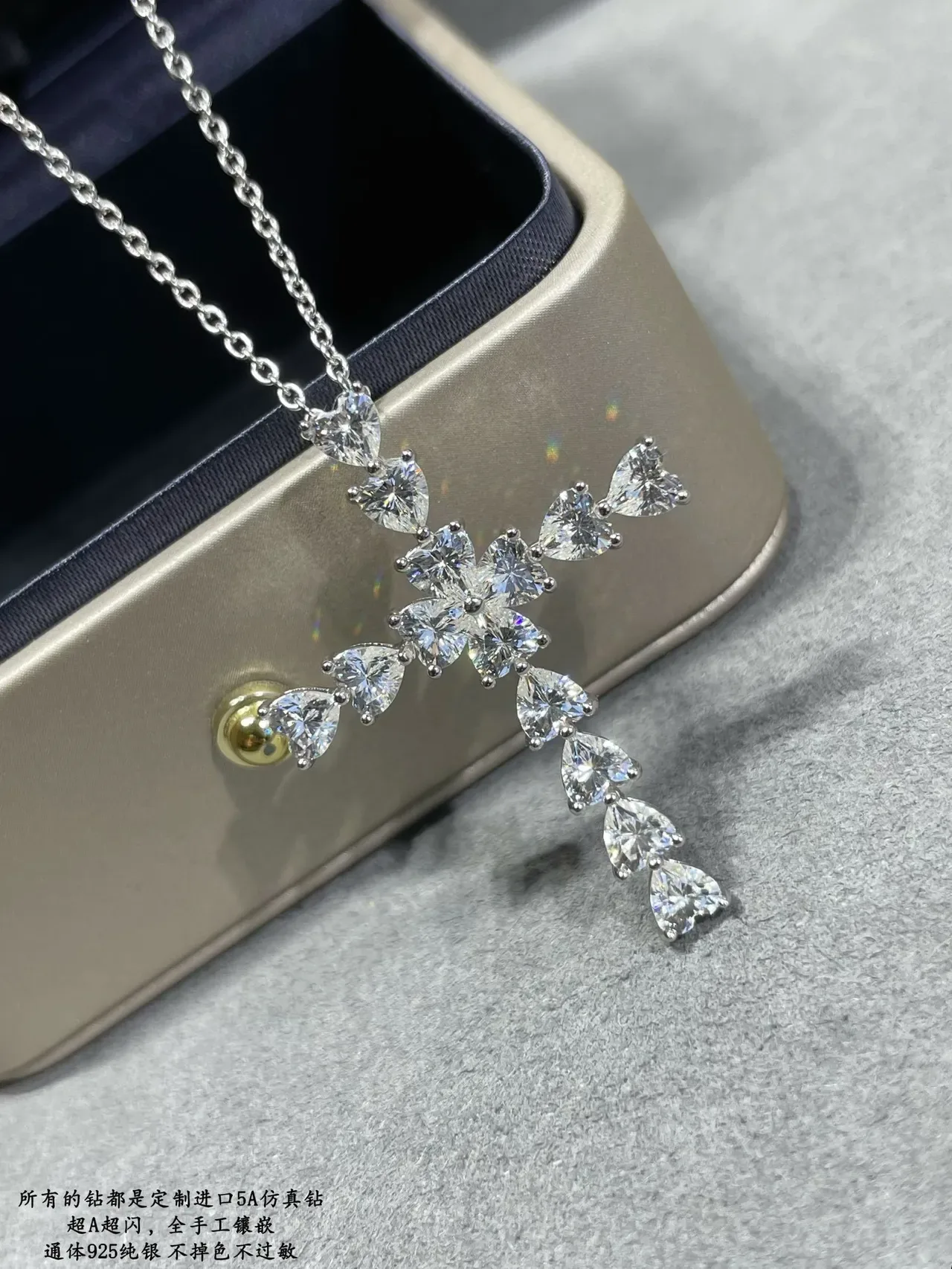 Silver White Cross-Shaped Pendant Heart-Cut Stones Necklace 2