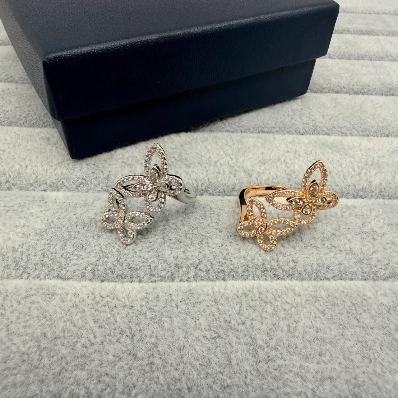 Silver White Double Butterfly Motif Pavé-Set Stones Ring 4