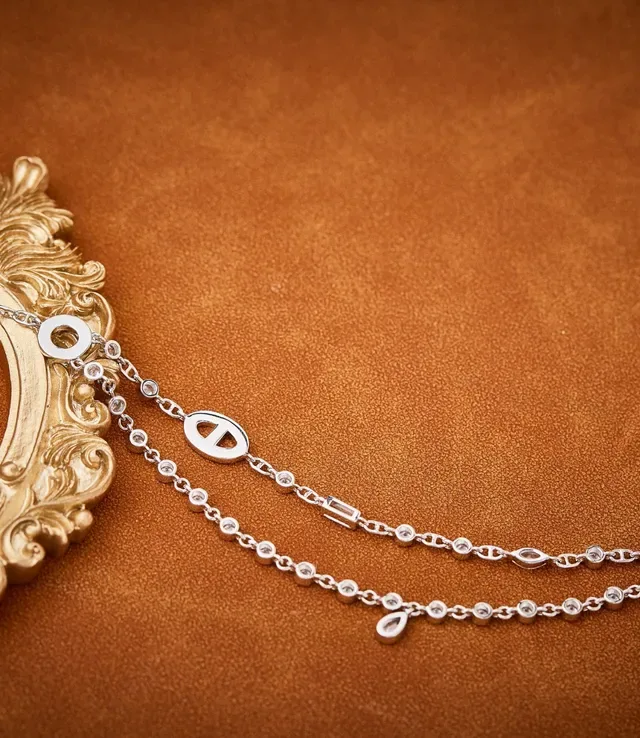 Silver White Layered Chain Toggle Clasp Necklace 3