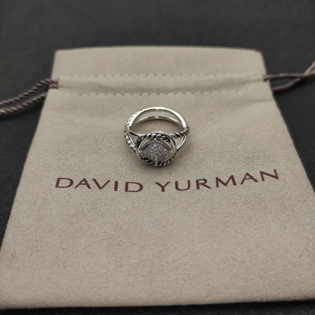 Silver White Pavé-Set Square Face Twisted Rope-Style Band Ring 4
