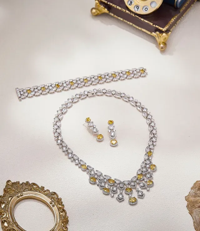Silver Yellow Multi-Row Lattice Setting Mixed White And Gemstones Bracelet 7