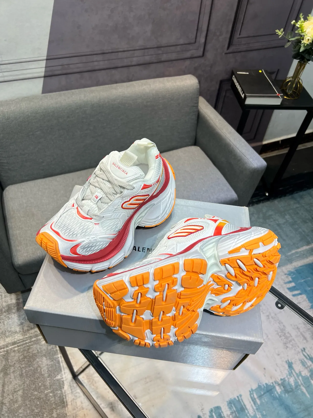 Skechers D'Lites White Orange Sole Mesh And Synthetic Overlay Chunky Sneakers 4