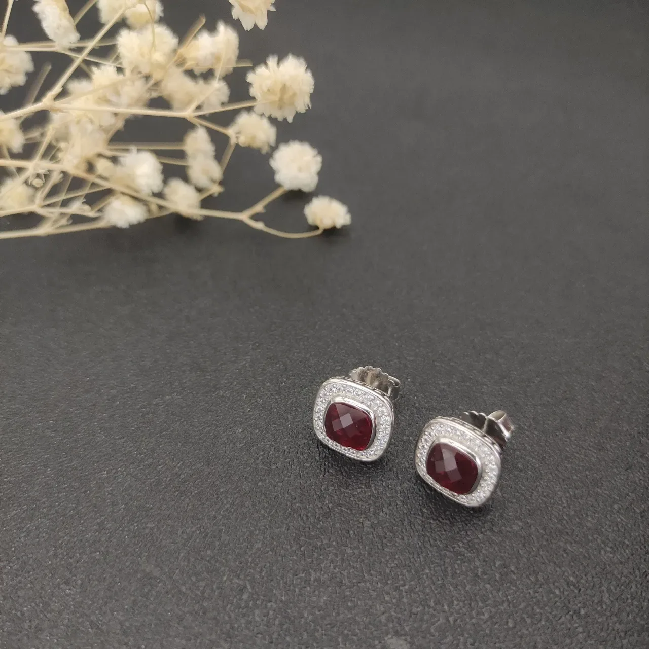 Square Cushion-Cut Red Gemstone Halo Stud Earrings 4