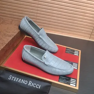 Stefano Ricci Mocassin Gris Noir Cuir Embossé Croc Stud Logo Métal