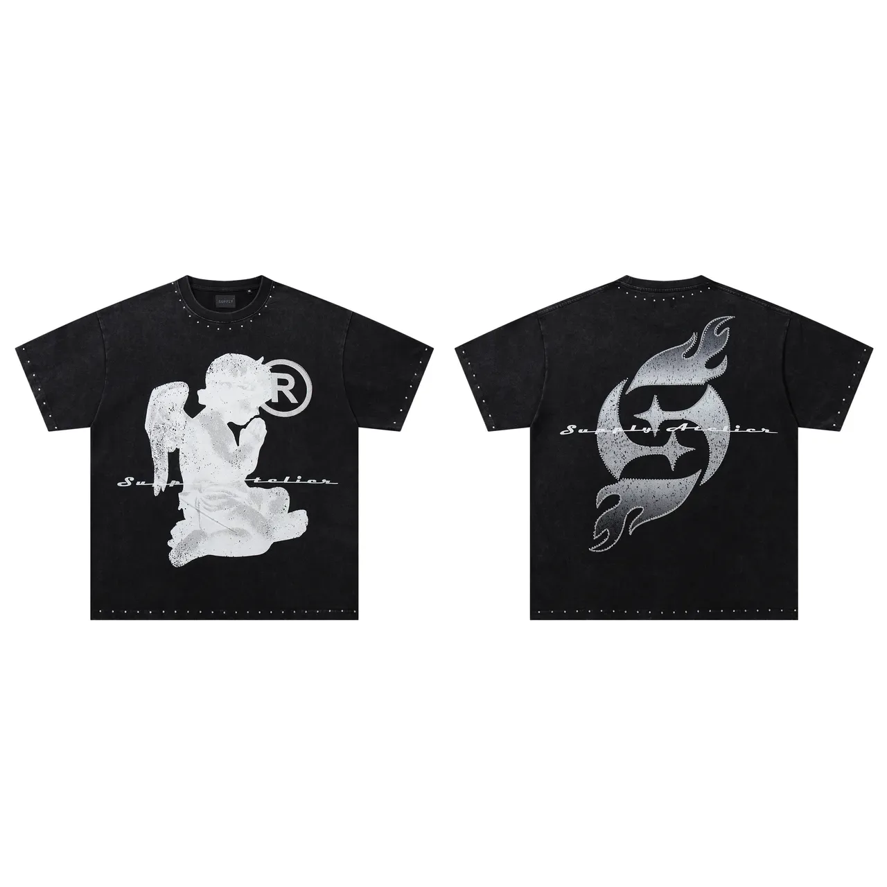 Supply Atelier Distressed Angel Flame Studded Oversized T-Shirt 2