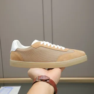 Tan and White Suede-Mesh Low-Top Lifestyle Sneaker