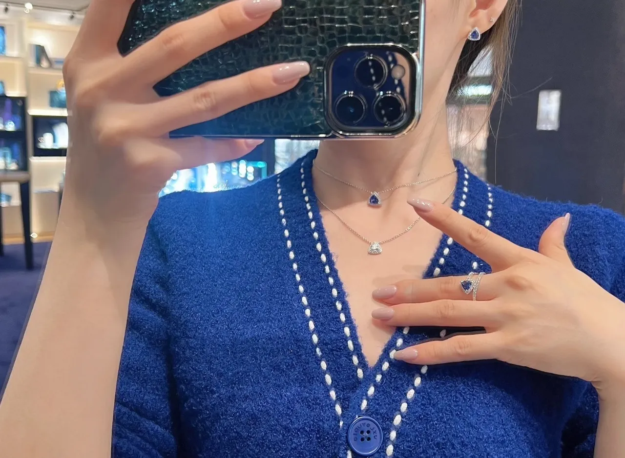 Triangular Halo-Set Blue Gemstone Pendant Necklace 2
