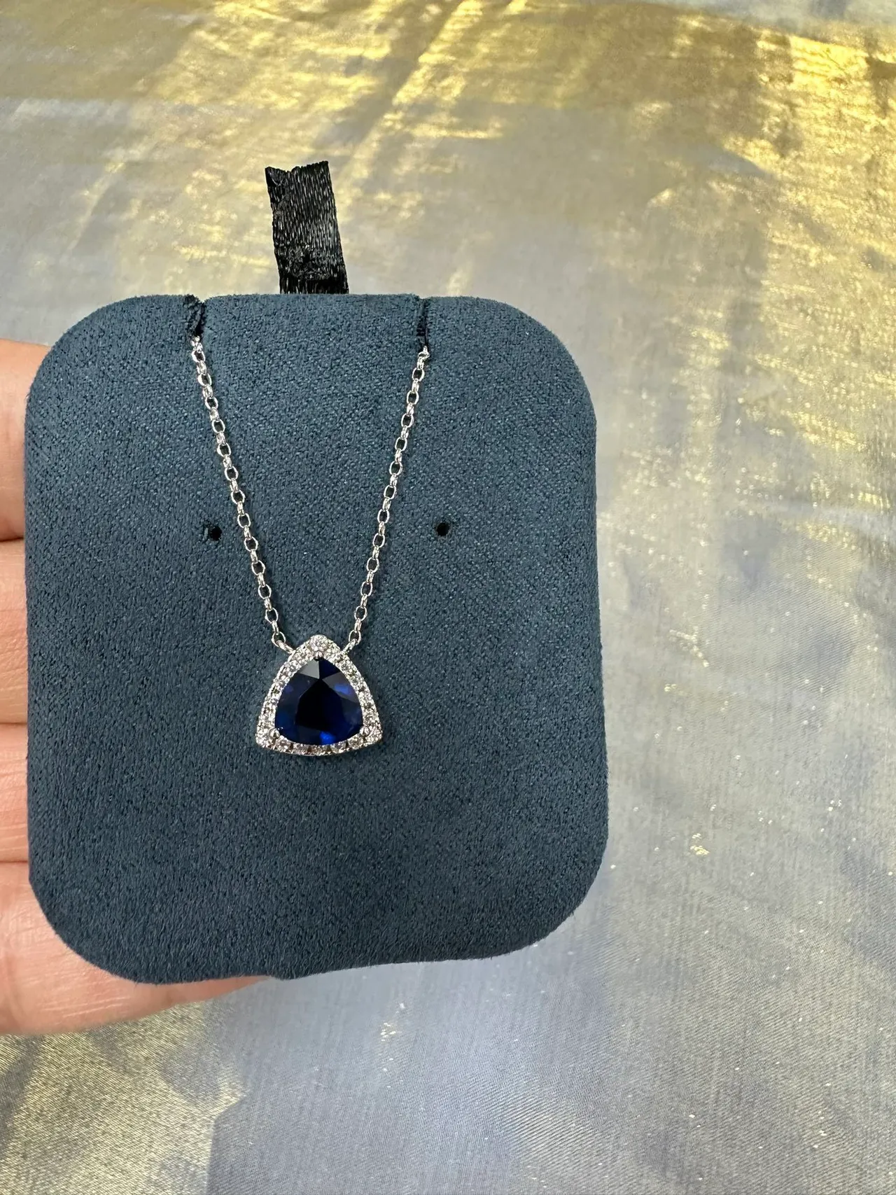 Triangular Halo-Set Blue Gemstone Pendant Necklace 8